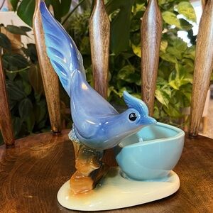 Vintage MCM Blue Ceramic Bird Planter